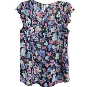 Elle Floral QuarterButton Flutter Sleeve Blouse Lightweight Summer Beach Small